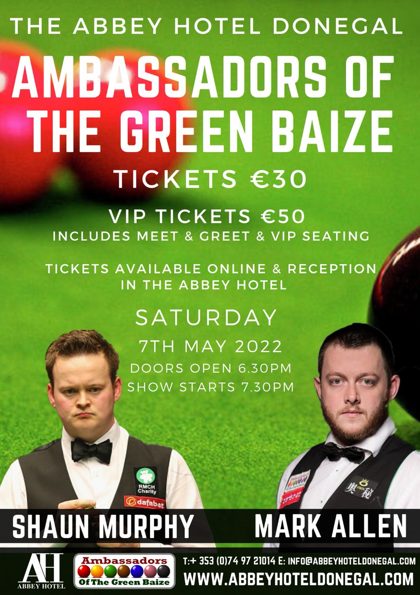 Robbie watson (@robbiecov1) on Twitter photo TICKETS STILL AVAILABLE FOR THIS GREAT NIGHT OF SNOOKER @ THE ABBEY HOTEL IN DONEGAL TOWN. WITH <a href="/Magician147/">Shaun Murphy</a> <a href="/pistol147/">Mark Allen</a>
Tickets linkhttps://www.abbeyhoteldonegal.com/events-entertainment/shaun-murphy-v-mark-allen/ TICKETS STILL AVAILABLE FOR THIS GREAT NIGHT OF SNOOKER @ THE ABBEY HOTEL IN DONEGAL TOWN. WITH <a href="/Magician147/">Shaun Murphy</a> <a href="/pistol147/">Mark Allen</a>
Tickets linkhttps://www.abbeyhoteldonegal.com/events-entertainment/shaun-murphy-v-mark-allen/