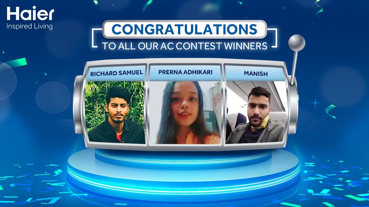 IndiaHaier's tweet photo. Thank you for participating in our AC contest! Three cheers for our winners @RichardSamArul @Prerna98765 @Man1shRox.Stay tuned for more such interesting contests and grab your chance to win big!
#WinnerAnnouncement #ACContest #ContestWinners #InspiredLiving #HaierIndia https://t.co/SwDlhk8EDu