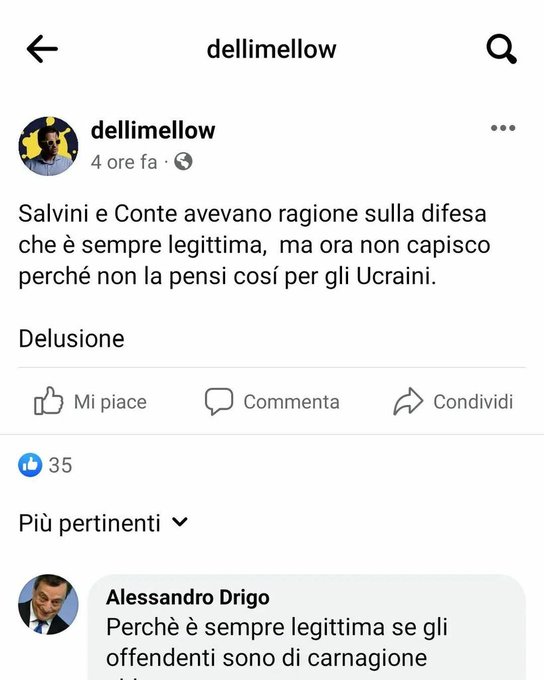Chiss&agrave; come mai ora la difesa dell'Ucraina non &egrave; legittima.  #salvini #conte #russia #legittimadifesa<a href="/tag/russia"class="tags"><span>#russia</span></a><a href="/tag/salvini"class="tags"><span>#salvini</span></a><a href="/tag/conte"class="tags"><span>#conte</span></a><a href="/tag/legittimadifesa"class="tags"><span>#legittimadifesa</span></a>