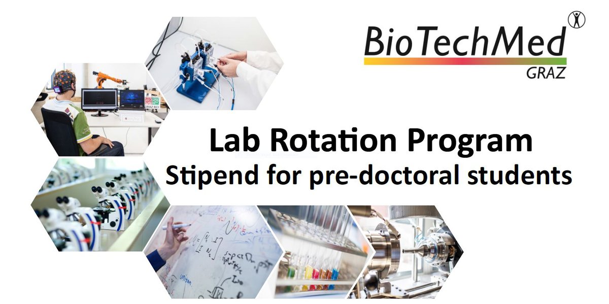 tugraz's tweet photo. Lab Rotation Program of #BioTechMed-Graz for #students with master‘s degree in natural or life sciences/medical sciences.

⏺️One lab rotation: 4 months
⏺️#Stipend: 8,000 EUR for personal use
⏺️4,000 EUR for host institution

Application until June 15

ℹ️ https://t.co/fcryX5I5AG https://t.co/rw483h2D47