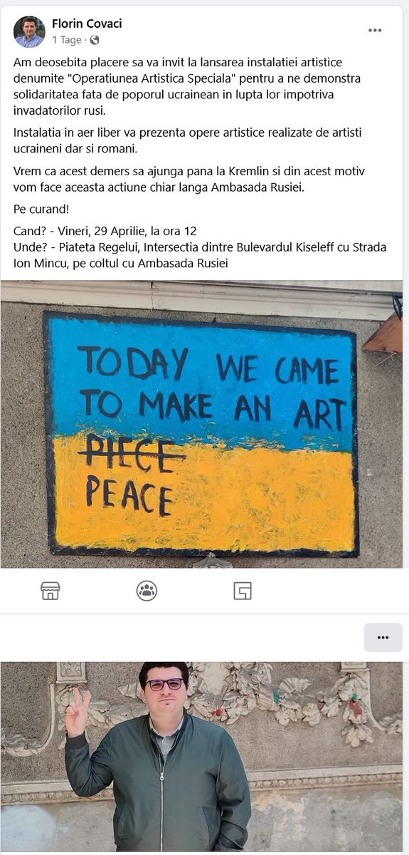 "Künstlerische #Spezialoperation" - so heißt die Kunstaktion von #ukrainischen &amp; #rumänischen Künstlern in direkter Nachbarschaft der 🇷🇺Botschaft in #Bukarest. "Wir wollen, dass die Aktion den #Kreml erreicht", schreibt auf Fb. #USR -Lokalpolitiker Covaci.
g4media.ro/video-expoziti…