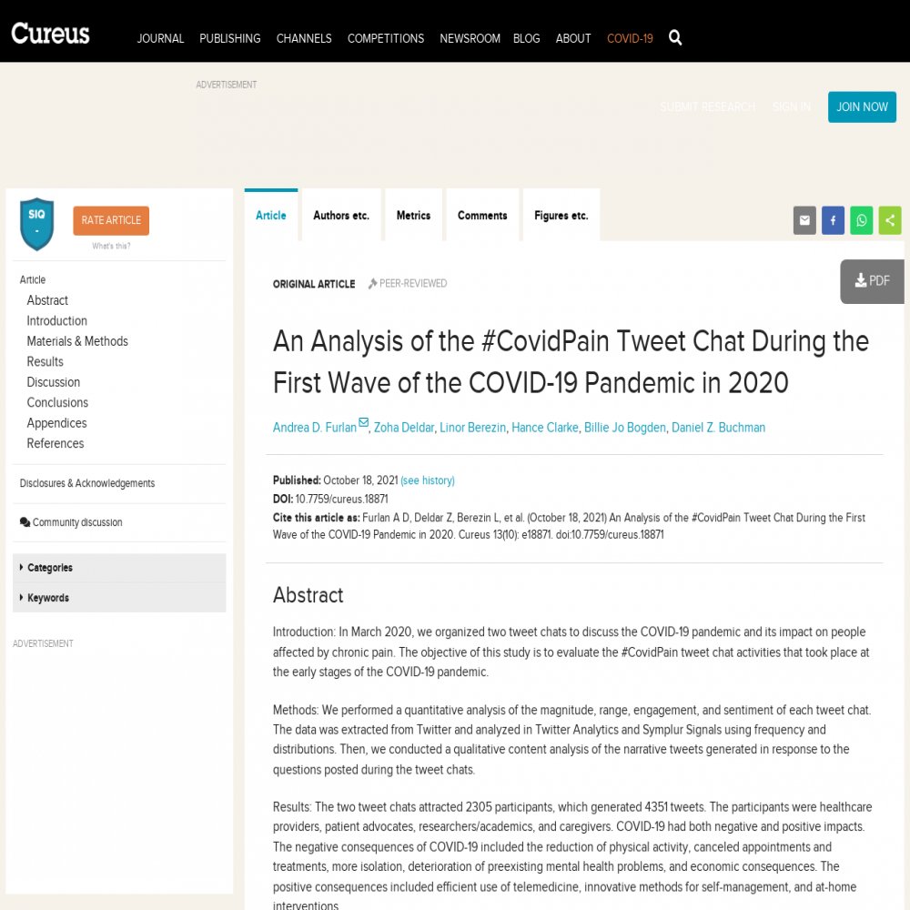 An Analysis of the #CovidPain Tweet Chat During the First Wave of the COVID-19 Pandemic in 2020 hcsm.io/3EogEB9 #hcsmR