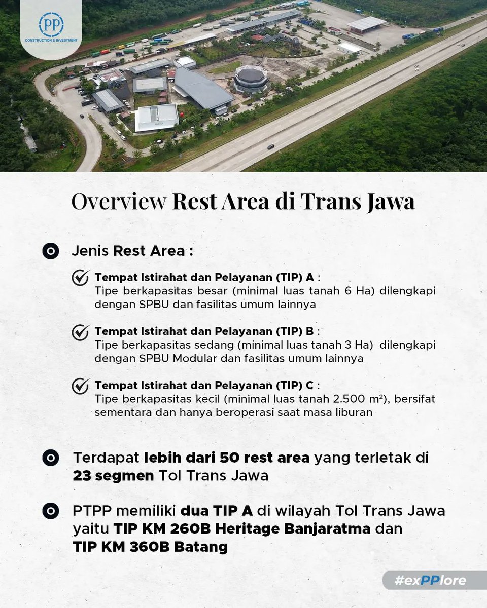 PTPP_ID's tweet photo. Untuk #SahabatPP yang melintasi jalur Trans Jawa, jangan luPPa mamPPir ke Rest Area milik PTPP yah! PTPP memiliki dua Tempat Istirahat dan Pelayanan (TIP) A yang terletak di Banjaratma dan Batang di Jawa Tengah. Fasilitasnya ada aPPa aja? Yuklah langsung kita #exPPlore bareng! https://t.co/vGXvgj9rJE