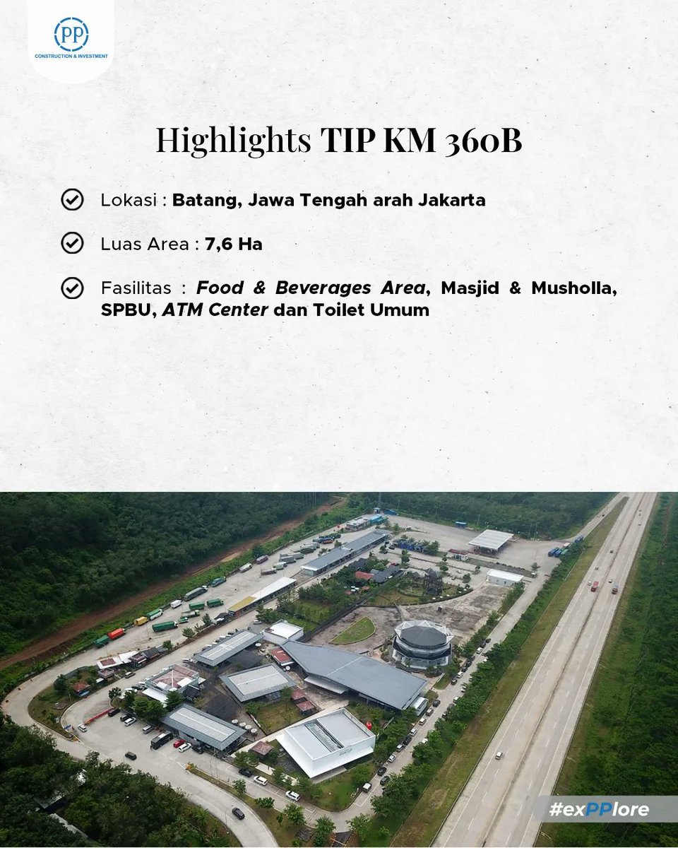 PTPP_ID's tweet photo. Untuk #SahabatPP yang melintasi jalur Trans Jawa, jangan luPPa mamPPir ke Rest Area milik PTPP yah! PTPP memiliki dua Tempat Istirahat dan Pelayanan (TIP) A yang terletak di Banjaratma dan Batang di Jawa Tengah. Fasilitasnya ada aPPa aja? Yuklah langsung kita #exPPlore bareng! https://t.co/vGXvgj9rJE