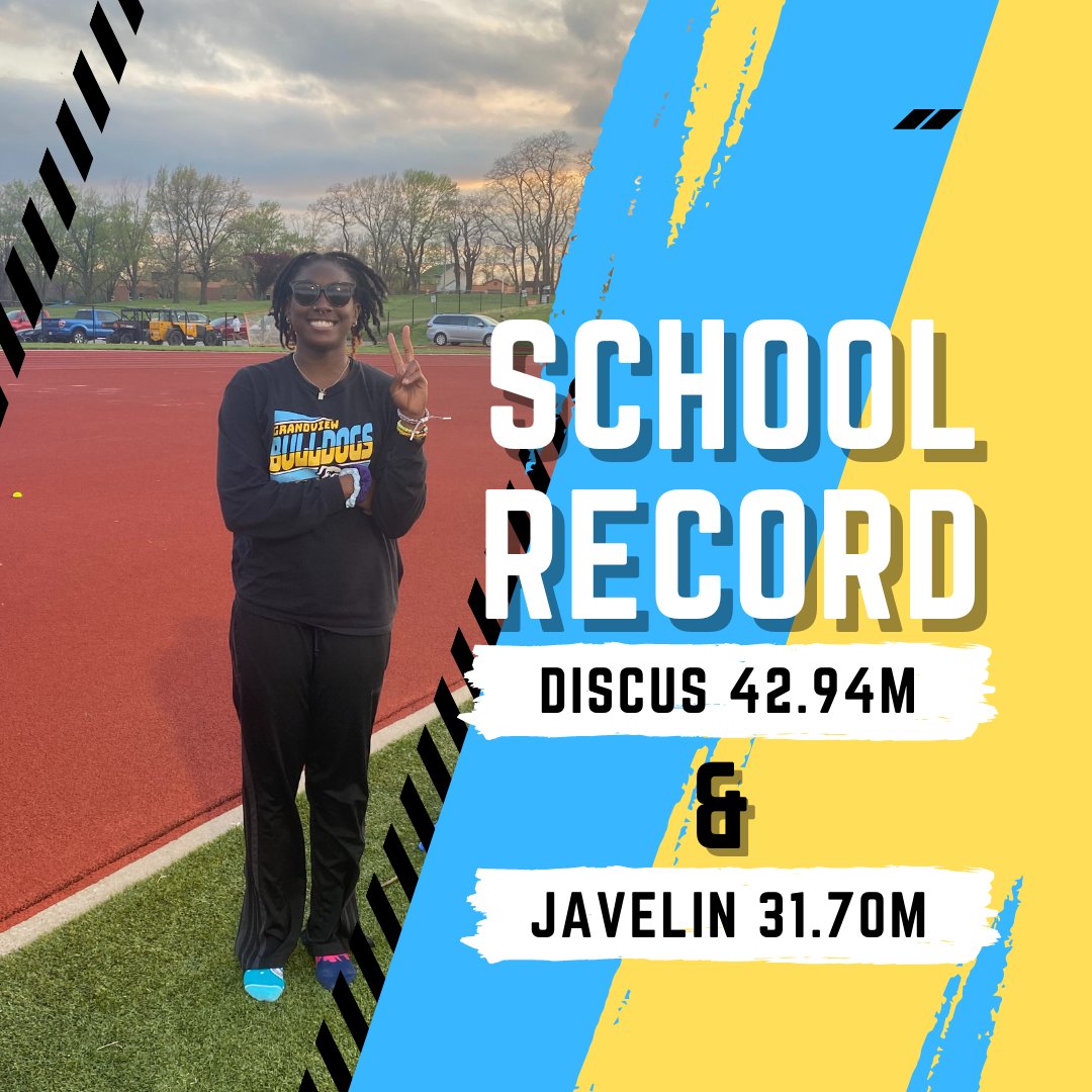Grandview Bulldogs Track & Field (@gvbulldogstf) on Twitter photo What a night for Essence Kendall!
<a href="/EssenceK10/">Essence Kendall</a> broke her own previous mark in Javelin of 30.89m (101' 4.25") by throwing a BOMB of 31.70m (104' 0")!
Essence capped her night with a BOMB of 42.94m (140' 10.6") in discus to take down the 2012 mark set by D'Andria Blow of 134' 2"! What a night for Essence Kendall!
<a href="/EssenceK10/">Essence Kendall</a> broke her own previous mark in Javelin of 30.89m (101' 4.25") by throwing a BOMB of 31.70m (104' 0")!
Essence capped her night with a BOMB of 42.94m (140' 10.6") in discus to take down the 2012 mark set by D'Andria Blow of 134' 2"!