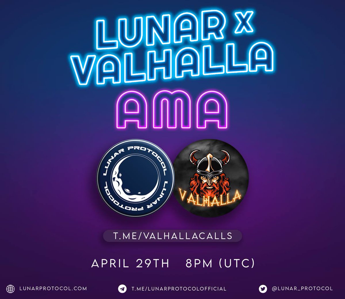 Lunar_Protocol's tweet photo. Lunar Protocol X Valhalla Calls AMA 
TODAY 8PM (UTC) 
SEE YOU GUYS THERE🔥

https://t.co/fdyQW0qnlW
#BNB #AMA #REBASE https://t.co/CpTWJgLDIl