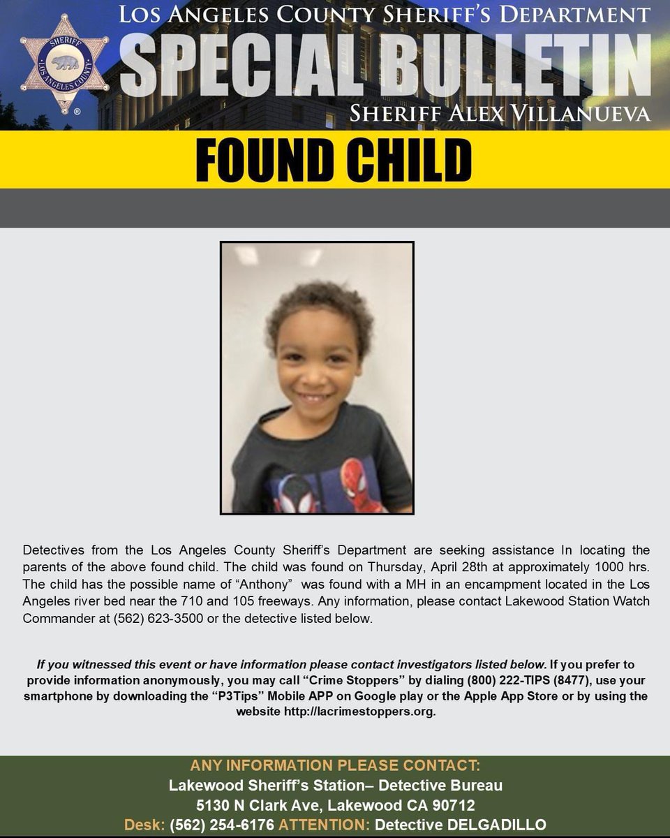 🚨STILL NOT IDENTIFIED🚨 PLEASE #SHAREtoHELP 1/4 #LASD #Found Child Seeking Parents‼️ Detectives from the Los Angeles County Sheriff’s Department are seeking assistance in locating the parents of a found child.