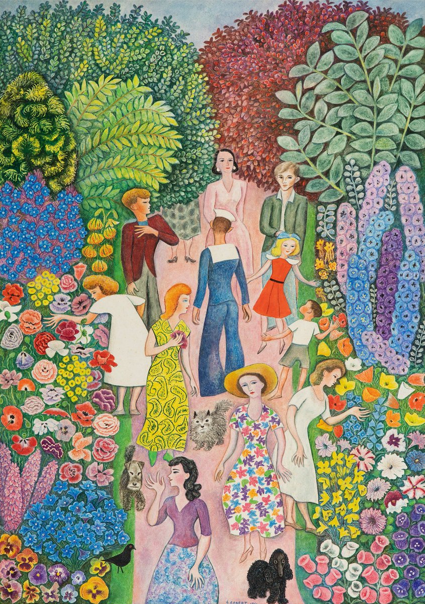 LyonandTurnbull's tweet photo. #AuctionUpdate A wonderful burst of colour with #DomRobert's 'The Flowering Garden' - a 1951 study for a tapestry that sets a #auctionrecord for a painting by the #French artist at £30,000 incl premium during today's #ModernMade sale. Follow the auction: https://t.co/HvwPEikYFZ https://t.co/R72k2VMWVx