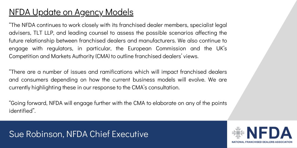 Please find NFDA Chief Executive, <a href="/NFDASueRobinson/">Sue Robinson</a>'s, statement on the Agency Model - as we continue to work behind the scenes for Franchised Dealers.