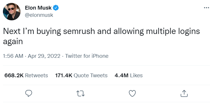 seogreetings's tweet photo. Looks like Elon Musk is coming for @semrush next https://t.co/Qf2uG66sTc