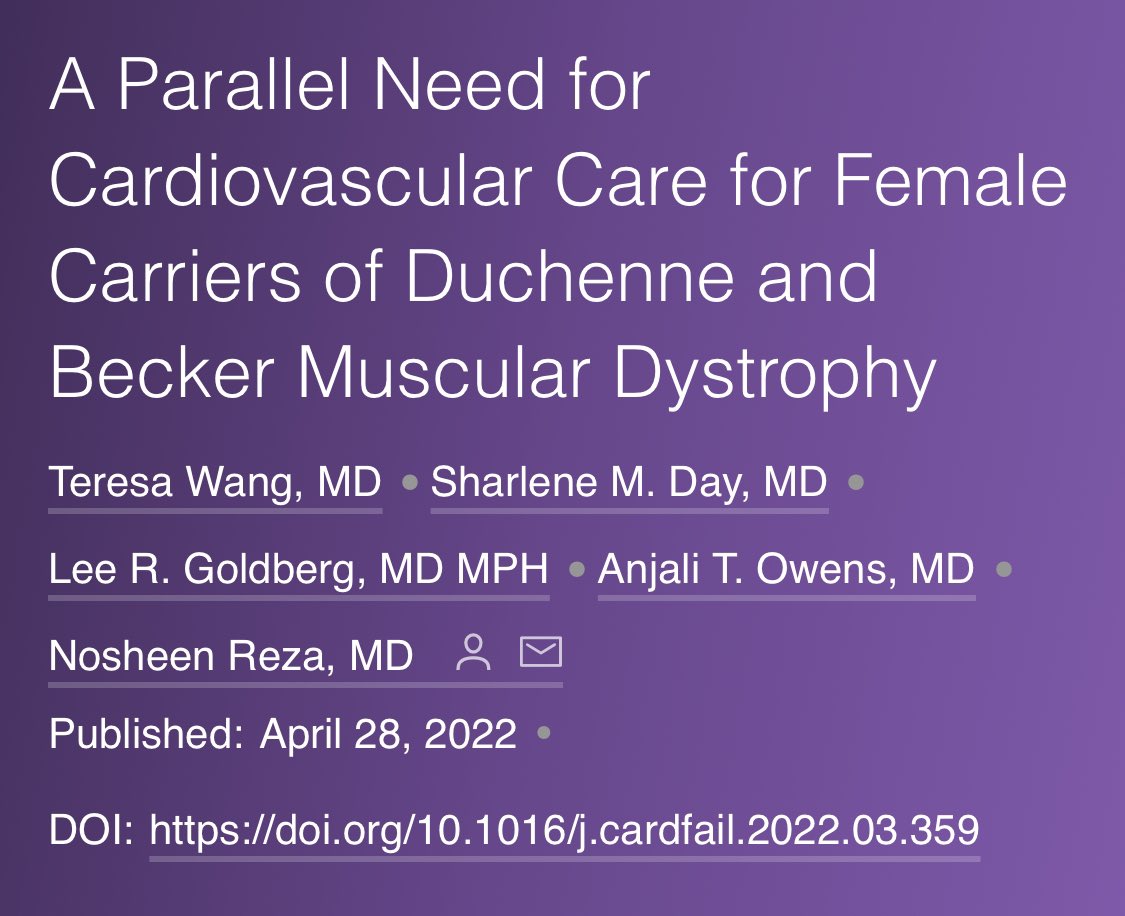 Nosheen Reza, MD, MS (@noshreza) on Twitter photo Did you know that female carriers of Duchenne & Becker muscular dystrophy can develop cardiomyopathy?
🚺 are understudied & undertreated!
📣 Our <a href="/PennCardiology/">Penn Cardiology</a> #cvGenetics LTE out in <a href="/JCardFail/">Journal of Cardiac Failure</a>
<a href="/teresa_wang88/">Teresa Wang</a> @sday_hcm <a href="/LeeGoldbergMD8/">Lee Goldberg</a> <a href="/tikuowens/">Anjali Owens</a>
onlinejcf.com/article/S1071-… Did you know that female carriers of Duchenne & Becker muscular dystrophy can develop cardiomyopathy?
🚺 are understudied & undertreated!
📣 Our <a href="/PennCardiology/">Penn Cardiology</a> #cvGenetics LTE out in <a href="/JCardFail/">Journal of Cardiac Failure</a>
<a href="/teresa_wang88/">Teresa Wang</a> @sday_hcm <a href="/LeeGoldbergMD8/">Lee Goldberg</a> <a href="/tikuowens/">Anjali Owens</a>
onlinejcf.com/article/S1071-…