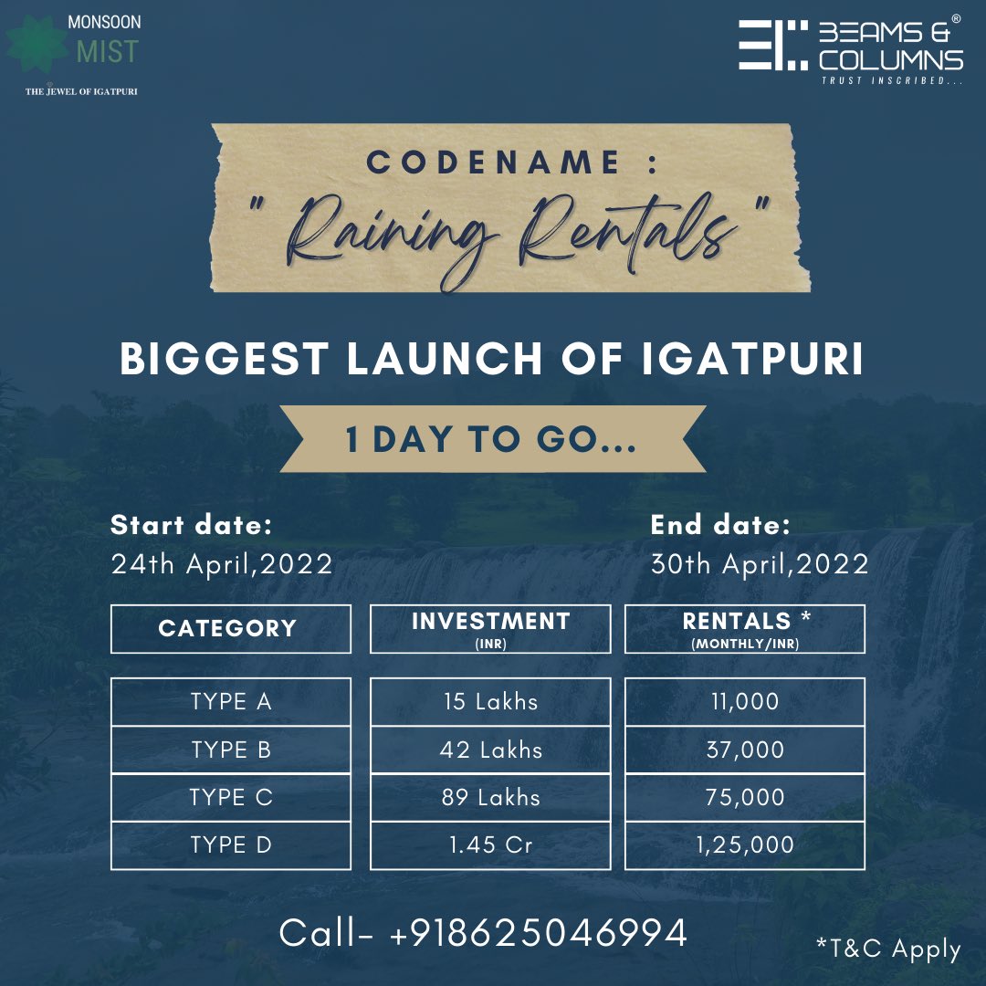 Hurry!! Just 1 day left to invest in this golden scheme.
Give us a call now before it's too late.

📞 - +918625046994
✉️ - info@beams-columns.com

#beamsandcolumns #beamsandcolumnsrealty #igatpuri #igatpurivillas #igatpurirealestate #igatpuridiaries