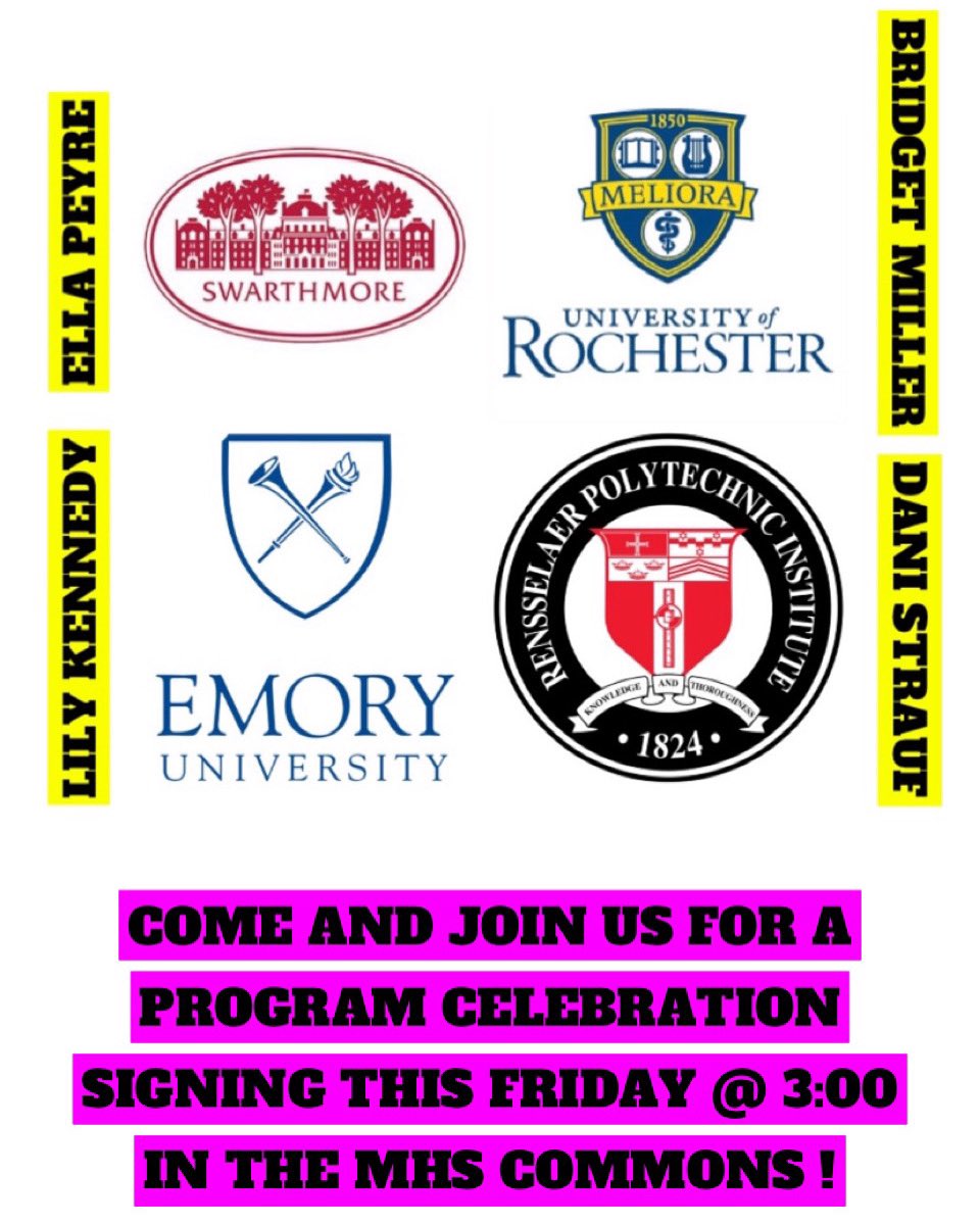 Join us TODAY to celebrate Lily, Bridget, Ella, and Dani in the MHS Commons at 3:00pm for their program celebration signing🥳🥳