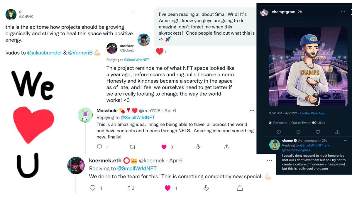 SmallWrldOrg's tweet image. We see your comments, DMs and kind words and they mean a WRLD (:D) to us! ❤️

Thanks @0xRHK, @zib_nft, @Bolanjo1, @rmh1128, @koermek, @champtgram and everyone else for your support! 🫂