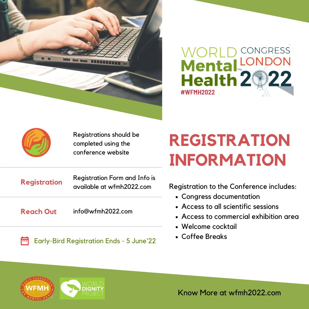 WFMH_Official's tweet photo. We are very pleased to inform you that the registrations are open for World Mental Health Congress London 2022.
Visit https://t.co/SJq7A3wxc9 to learn more!
#WFMH2022 #WFMHWorldCongress2022 #WorldCongress #WorldFederationforMentalHealth #WFMH #WhatIsDignity https://t.co/vbySbu2EXg