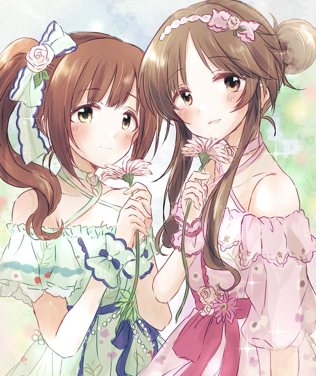 takamori aiko multiple girls 2girls brown hair flower holding hair bun dress  illustration images