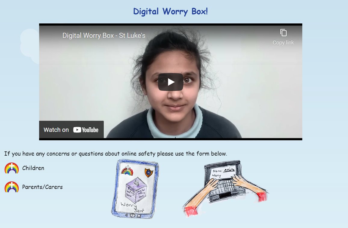 Our amazing Digital Leaders (with some help from the always brilliant <a href="/OnlineBehave/">Online Behaviours Ltd</a>) have created a video about our 'Digital Worry Boxes'. Very powerful! Video and Worry Boxes can be found here-  stlukesprimary.co.uk/esafety