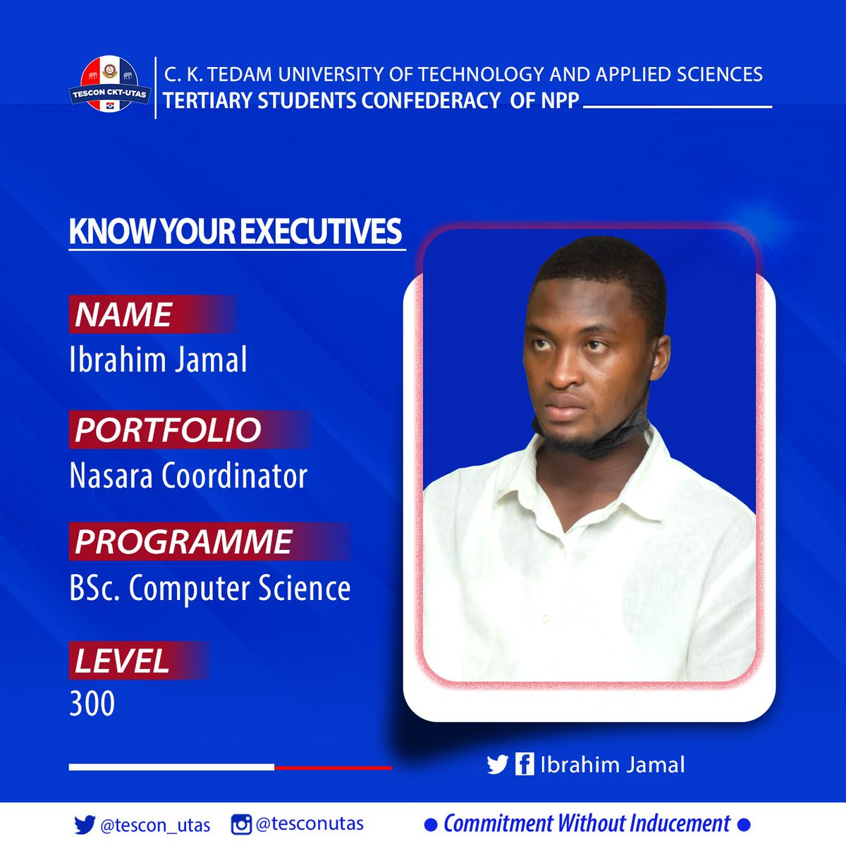 tescon_utas's tweet photo. A Display of Our Executives. 

Ibrahim Jamal - Nasara Coordinator (TESCON CKTUTAS)

You have started well and we are certain you will end well in this administration 🙏 https://t.co/fnMapwUn8h
