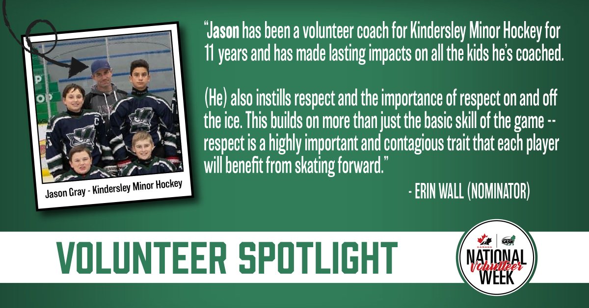 Today's #NationalVolunteerWeek spotlight highlights the coaching techniques and long-term commitment that Jason Gray has shown with Kindersley Minor Hockey. He's been a volunteer coach for 1⃣1⃣ years and has made lasting impacts on all the kids he’s coached. Thanks, Jason!🙌