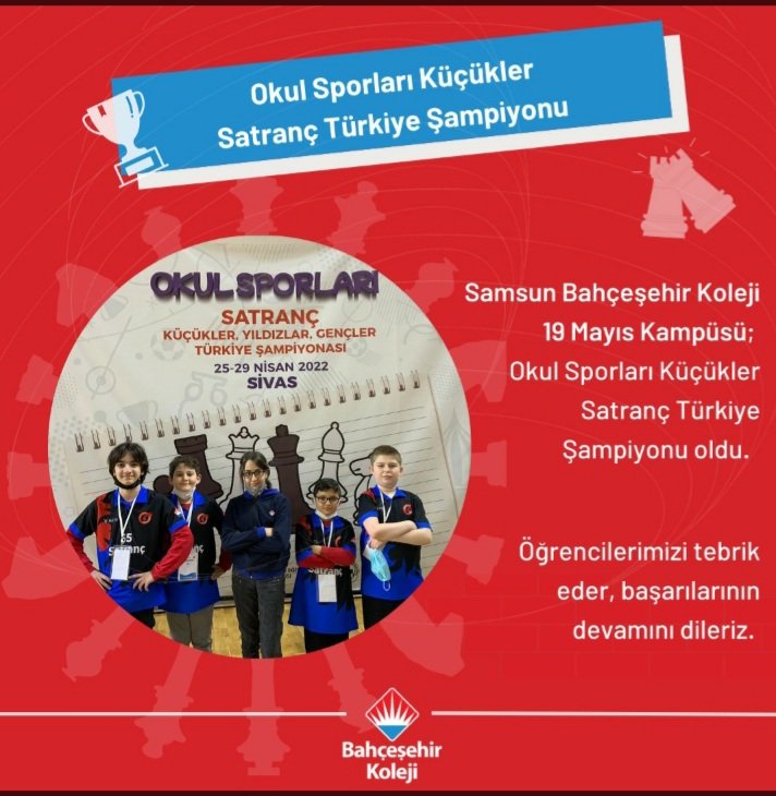 Sivas'ta düzenlenen Okul Sporları Satranç Türkiye Birinciliğinde küçükler genel kategorisinde okulumuz satranç takımı bütün maçları kazanarak Türkiye Şampiyonu olmuştur.Şampiyon öğrencilerimizi ve öğretmenimiz Serkan Koç'u tebrik ediyoruz.🏆🎉❤💙