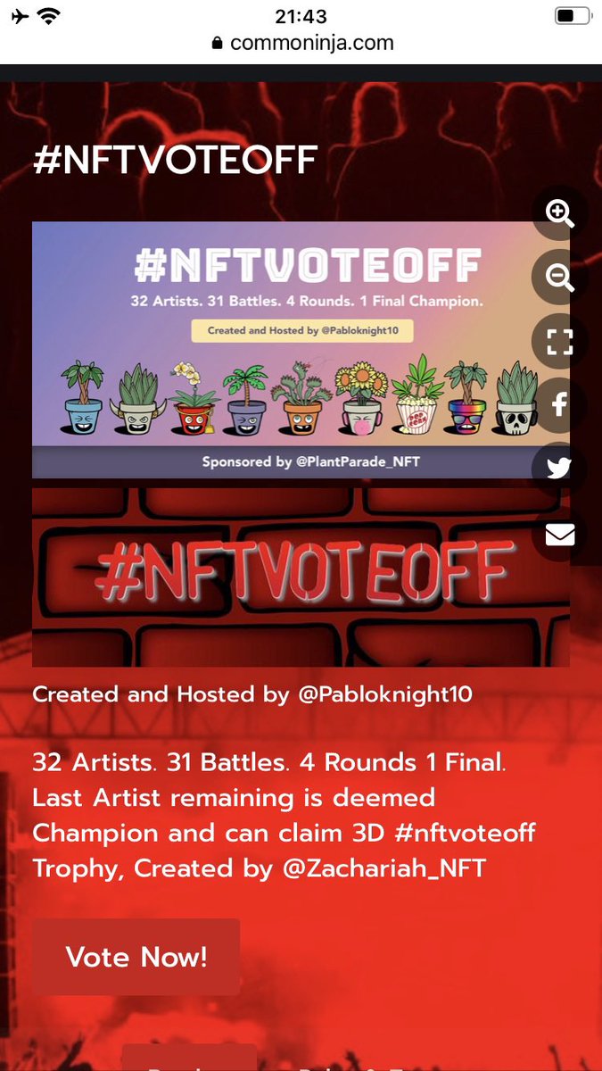 Only 5 hours remaining to get your votes in on the final 4. 
Link is safe no sign up required-x.com/pabloknight10/…
#nftvoteoff always looking for new community members, voters, contestants, advertisers, trophy creators and people who enjoy fun mainly. 
Have a wonderful day q