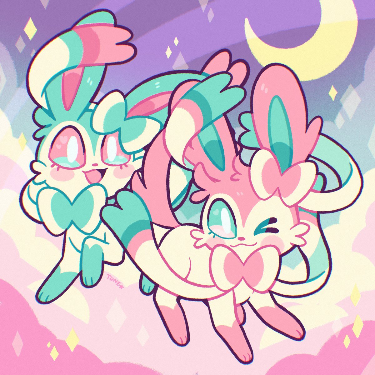 sylveon no humans pokemon (creature) one eye closed smile open mouth cloud moon  illustration images