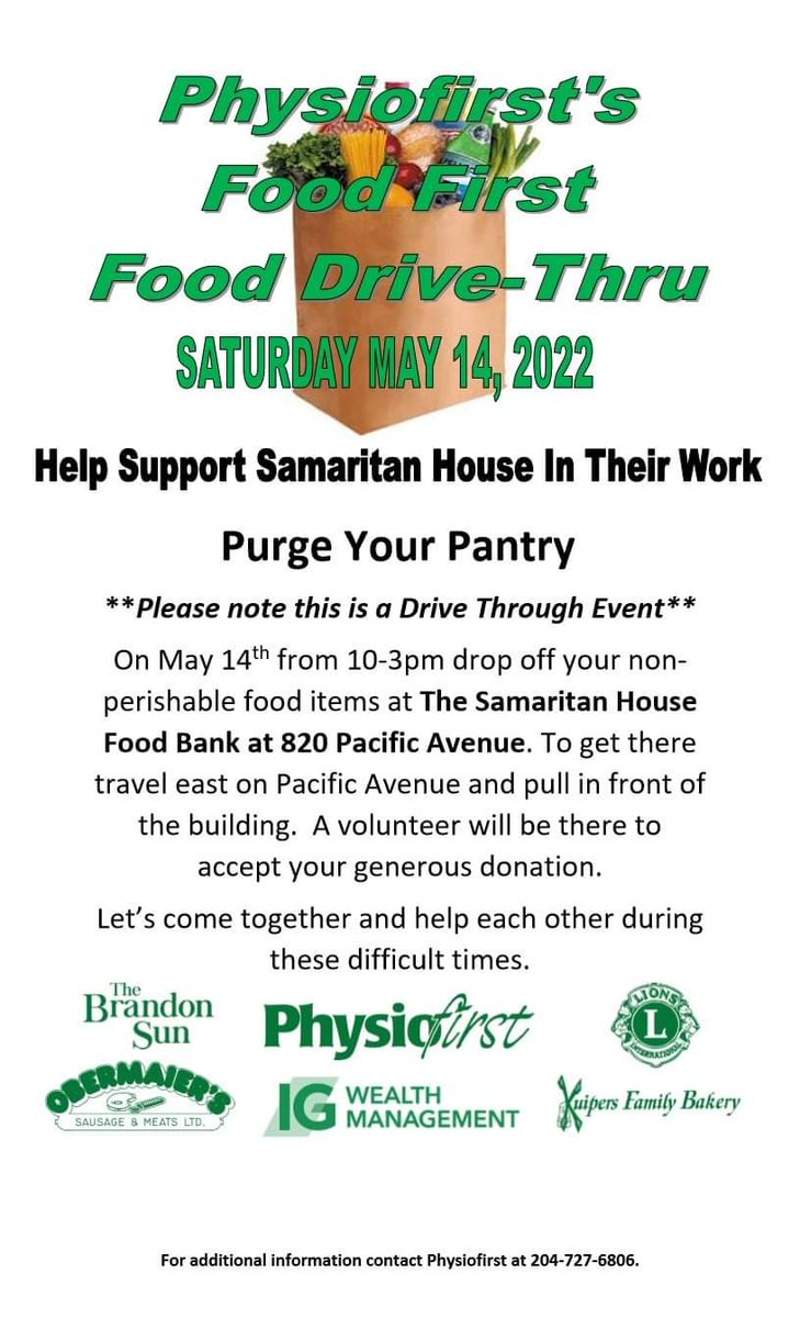 SAVE THE DATE

Physiofirst is hosting their 17th annual Food First food drive on May 14th!  This year will be a drive through event at our food bank location, 820 Pacific Avenue.

We appreciate all who are able to support this amazing event for our community in need.