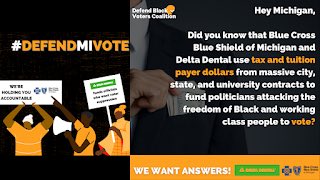 Why are <a href="/BCBSM/">BCBSM</a> and <a href="/DeltaDentalMI/">Delta Dental of Michigan</a> funding politicians pushing Jim Crow-style laws to make it harder for Black and working-class people to vote? It takes more than words to #defendblackvoters!#defendmivote #StopFundingSuppression