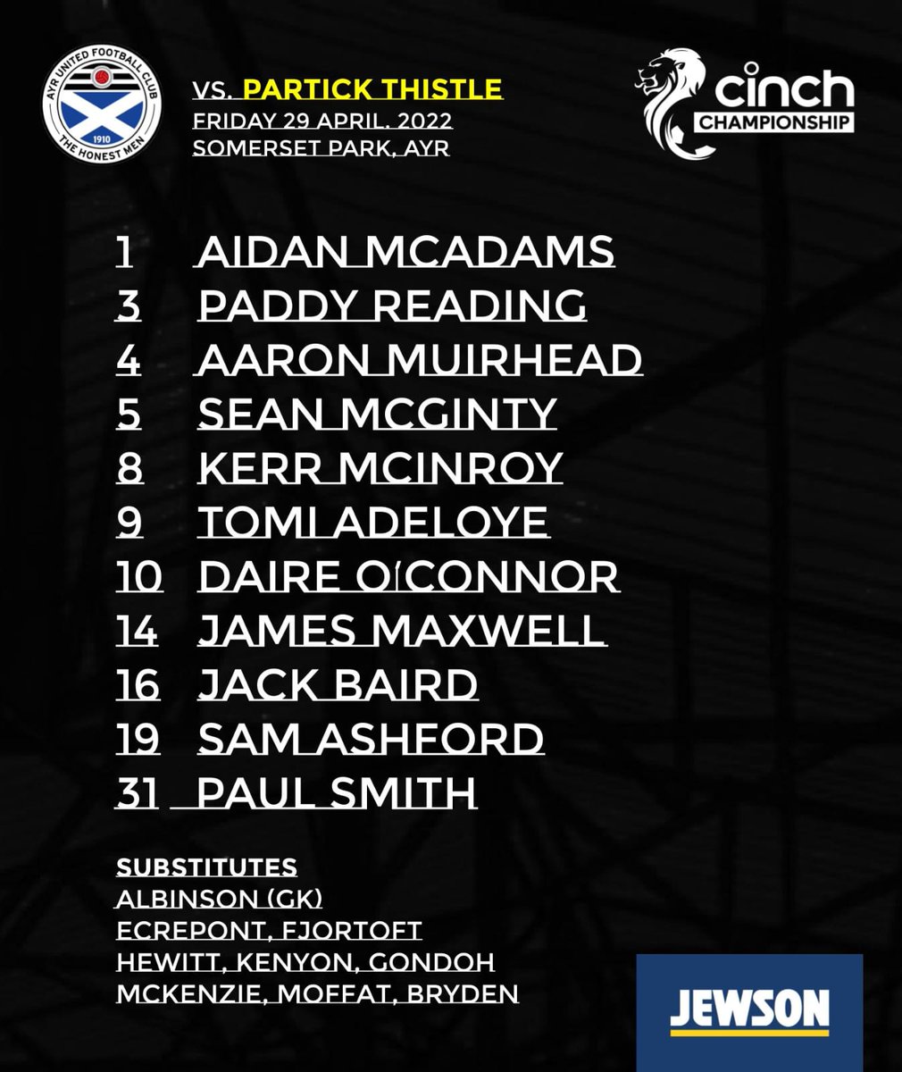 📋 | Tonight's line-up for the Honest Men.

One change from Saturday with Paul Smith coming into midfield for his first start in place of Andy Murdoch.