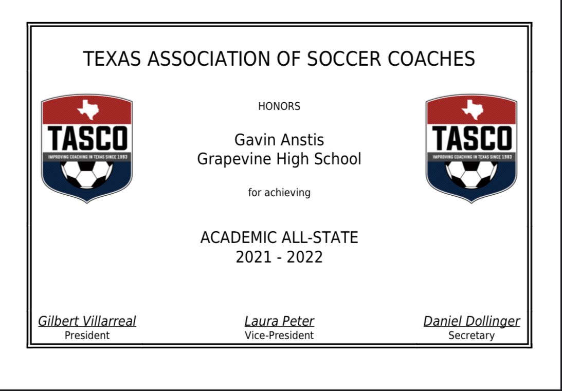 Congratulations to all of our <a href="/tascosoccer/">TASCO</a> Academic all State Selections. Charlie Daly, <a href="/cwachtel01/">Connor Wachtel</a> <a href="/gavin_anstis/">Gavin Anstis</a> 
<a href="/GCISD_Athletics/">GCISD Athletics Dept.</a> <a href="/Grapevine_HS/">Grapevine High School</a>