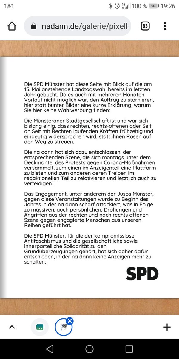 promsgegennazis's tweet image. Aus der aktuellen "na dann" :

Die @spdmuenster hat das Problem, eine Anzeige in Arno Tilsners Blättchen nicht mehr stornieren zu können, hervorragend gelöst.

#impfschwurbler 
@JusosMS