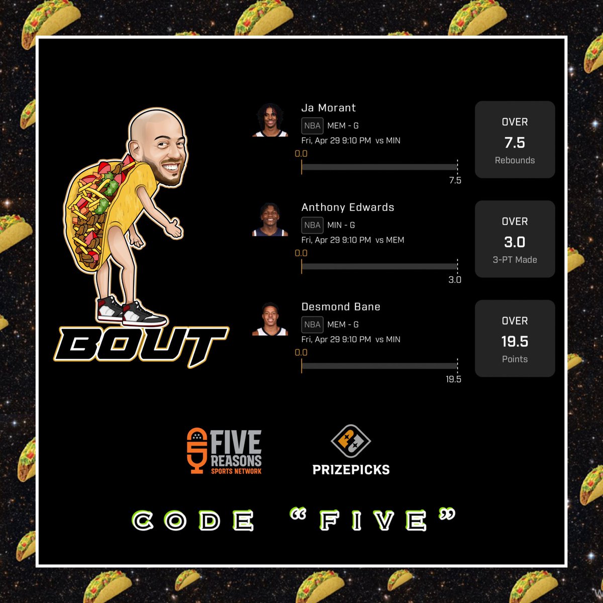 tacoboutsports's tweet photo. put the YAY in your FriYAY while you watch the teams that didn’t win in 5

🌮’s “prized pick”: Ja Rule over 7.5 reb

download the @PrizePicks app and sign your ass up with that code ⬇️ if you don’t want @5ReasonsSports to put his voodoo jinx on #heatculture https://t.co/qo9lh8oxwm