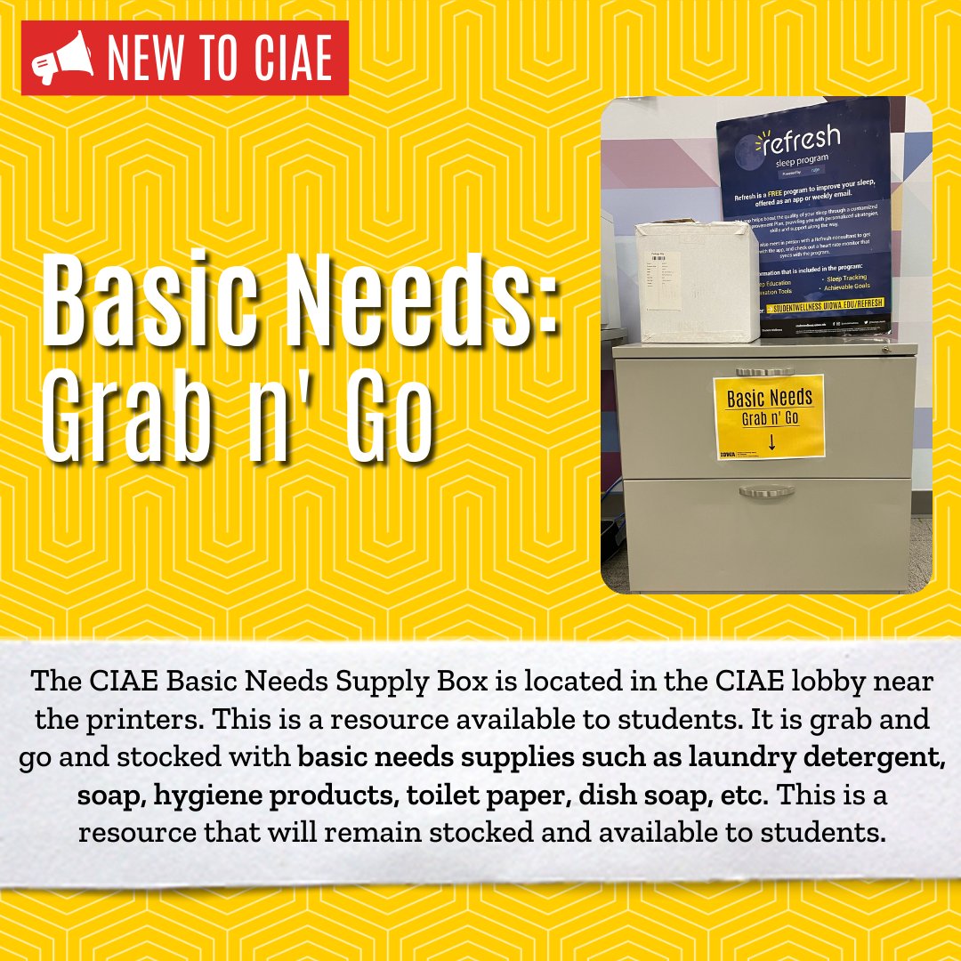 NEW TO CIAE: The CIAE Basic Needs Supply Box is located in the CIAE lobby near the printers. This is a resource available to students is stocked with basic needs supplies such as laundry detergent, soap, hygiene products, toilet paper, dish soap, etc. #uiowa #uiowaciae