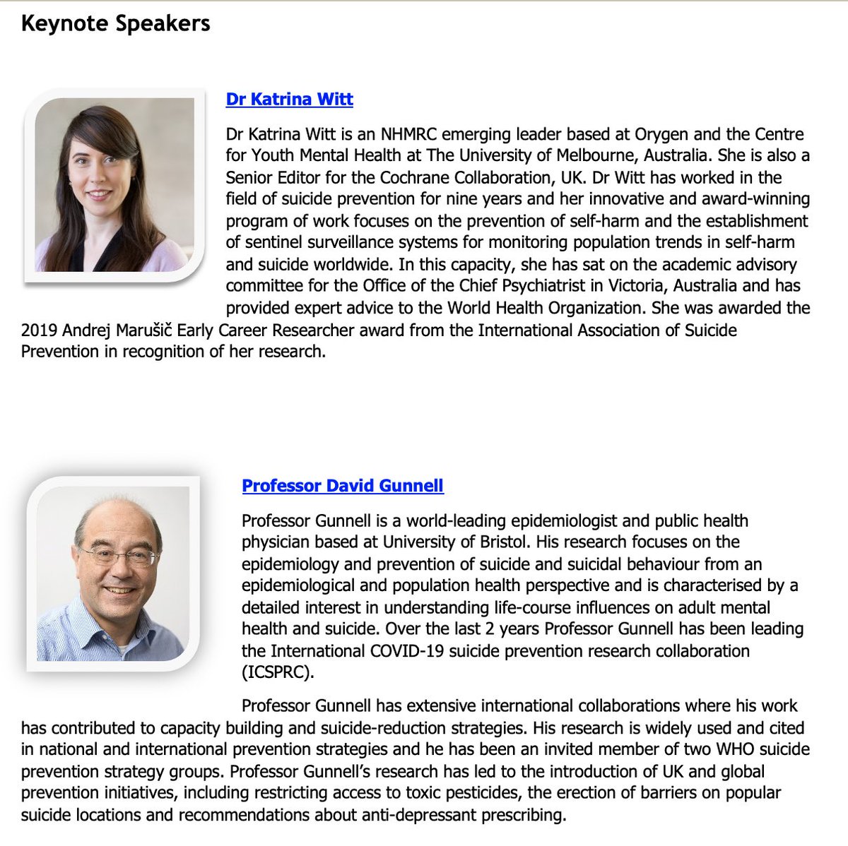 Pls RT. 

6th Suicide &amp; Self-harm Early &amp; Mid-Career Researchers' Forum, 13-14 June 2022, Glasgow

Closing date: abstract submissions 16 May
Closing date: registration 30 May

Will be great, incl keynotes from <a href="/Dr_KatrinaWitt/">Dr Katrina Witt, D.Phil</a> &amp; David Gunnell <a href="/SASHBristol/">Suicide and Self-Harm Research, Bristol</a> 

suicideresearch.info/emcrf22/