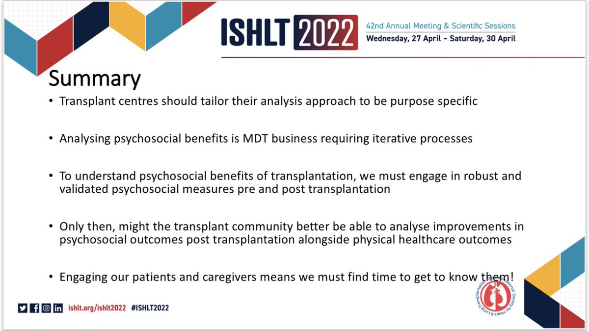 Thanks @ishlt for the opportunity to present this today. Really great questions from the audience! #lungtransplant #psychosocial #knowyourpatient Transplant is a journey, not a destination. Let’s see our patients in their context and share the journey together. @CNWLNHS @RBandH