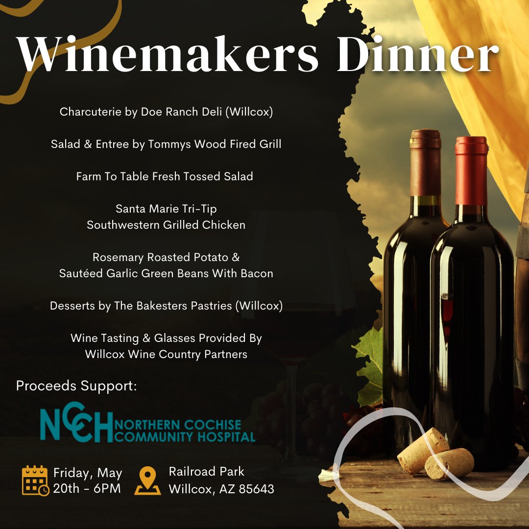 Join us Friday, May 20 at 6 PM for our Four Course Winemakers Dinner to benefit Northern Cochise Community Hospital.   
…llcox_spring_fest_2022.eventbrite.com

#arizona #arizonawine #wine #vineyard #festival #livemusic #willcox #willcoxwine