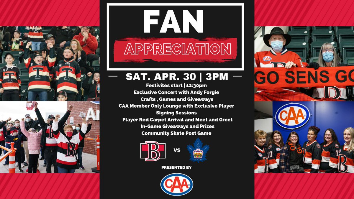 BellevilleSens's tweet photo. With less than 400 tickets remaining for our CAA Fan Appreciation Game tomorrow, be sure to save time at the box office and get your tickets now! 

🎟: https://t.co/BRnXJAhXGW
More info: https://t.co/exkKM4r0Dp https://t.co/zjoetj3WGl