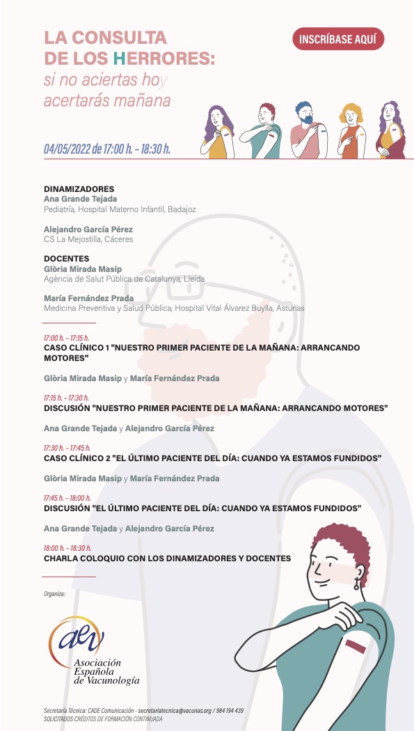 No te pierdas las ACTIVIDADES de la Asociación Española de Vacunología <a href="/AEV_Vacunas/">Vacunas.org</a>
📅 Mayo y junio ⏰ 17:00-18:30h

👉 Consulta de los Herrores 4 de MAYO
<a href="/SociedadSEMAIS/">Sociedad SEMAIS</a> <a href="/UMAS_SONESPASES/">UMASHUSE</a> <a href="/ResidentesSEMI/">Residentes y Jóvenes Internistas de la SEMI</a> <a href="/sefh_/">S.E.F.H</a>