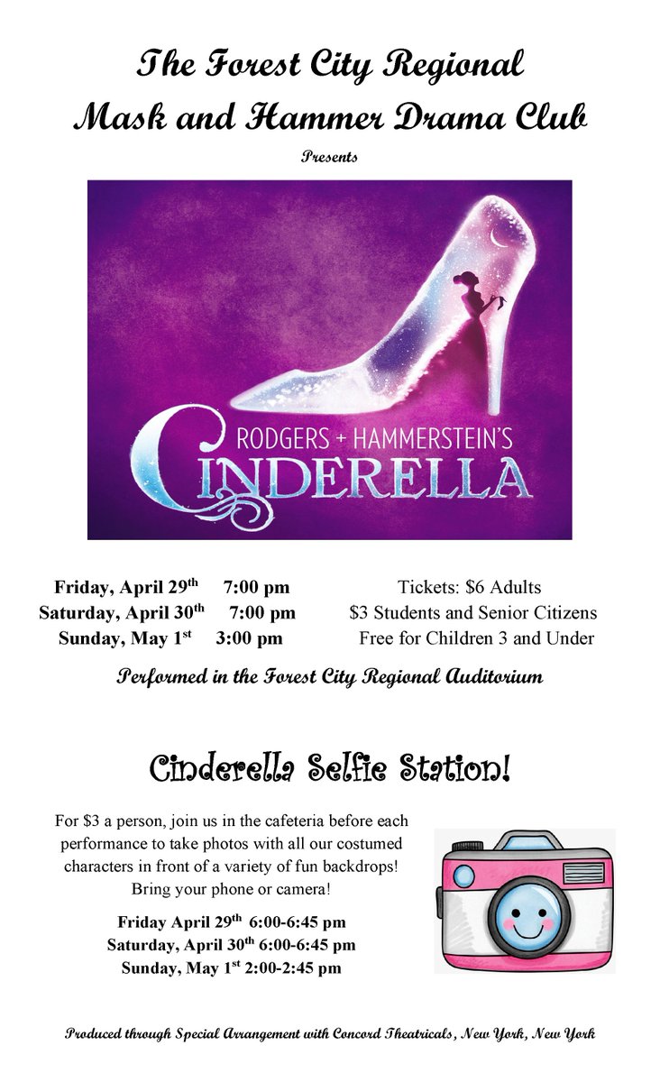 Come see our Mask and Hammer Drama Club perform Cinderella, first show is tonight @ 7:00PM in our auditorium.  Doors open at 6:00 for the Selfie Station!