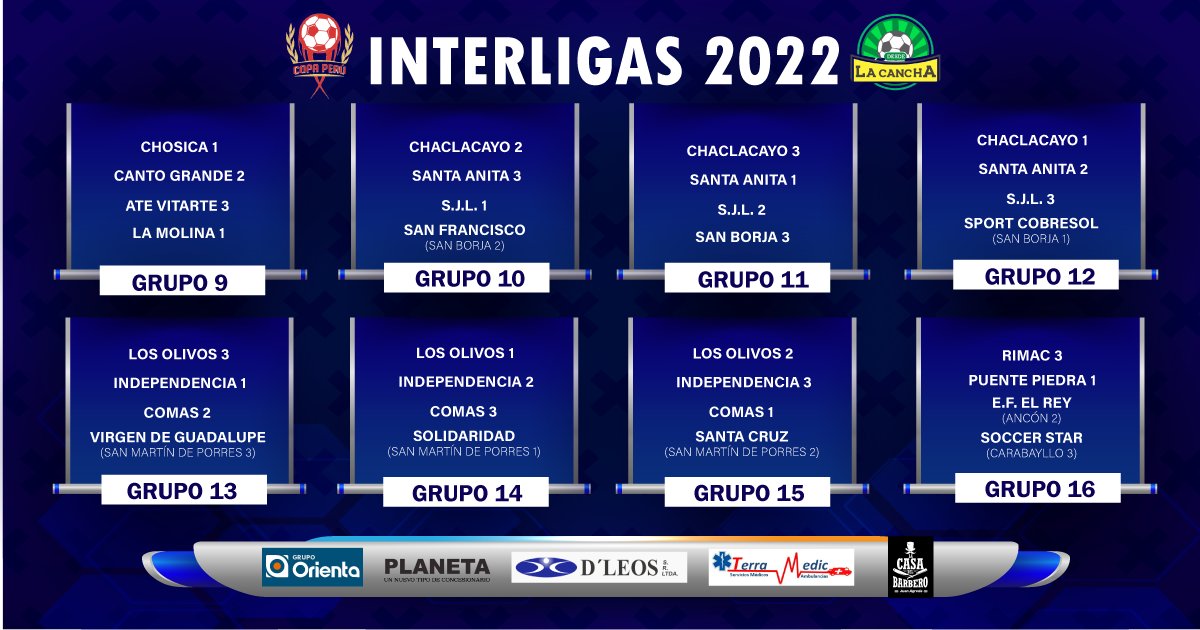 DesdelacanchaP's tweet photo. COPA PERÚ 2022
Así quedaron definidos los grupos del Interligas 2022 para la etapa provincial de Lima. La primera fecha arranca el 7 de mayo.
@mcassana 
#CopaPerú #Interligas #EtapaProvincial #futbol #Perú https://t.co/cwWdvfeLMr