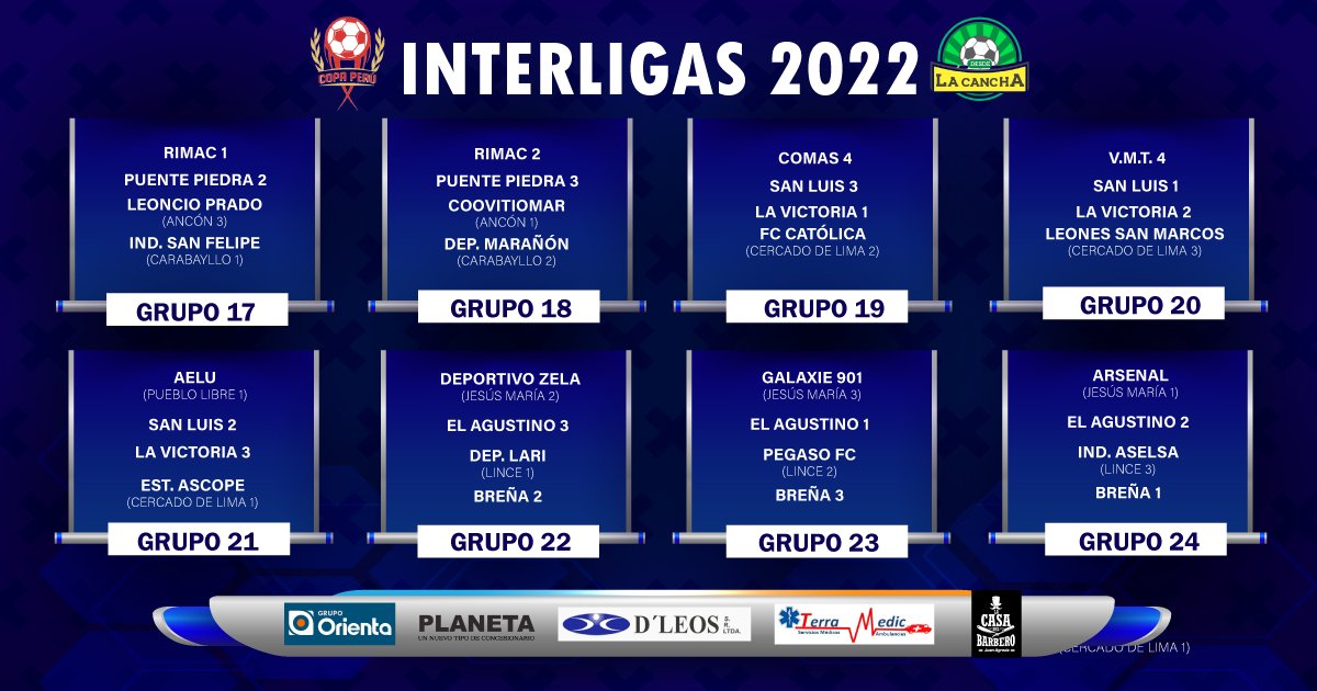 DesdelacanchaP's tweet photo. COPA PERÚ 2022
Así quedaron definidos los grupos del Interligas 2022 para la etapa provincial de Lima. La primera fecha arranca el 7 de mayo.
@mcassana 
#CopaPerú #Interligas #EtapaProvincial #futbol #Perú https://t.co/cwWdvfeLMr