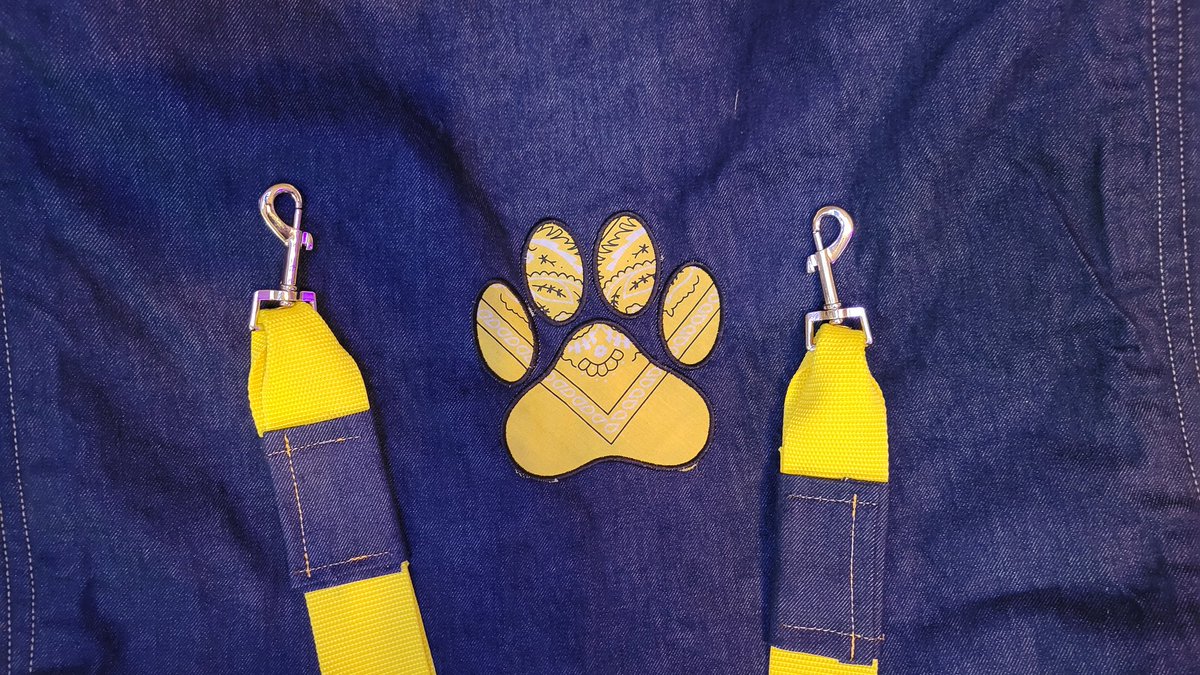 Can you say puppy sling? Denim with a hanky paw and matching stirrups. Message me with a color combination you'd like.