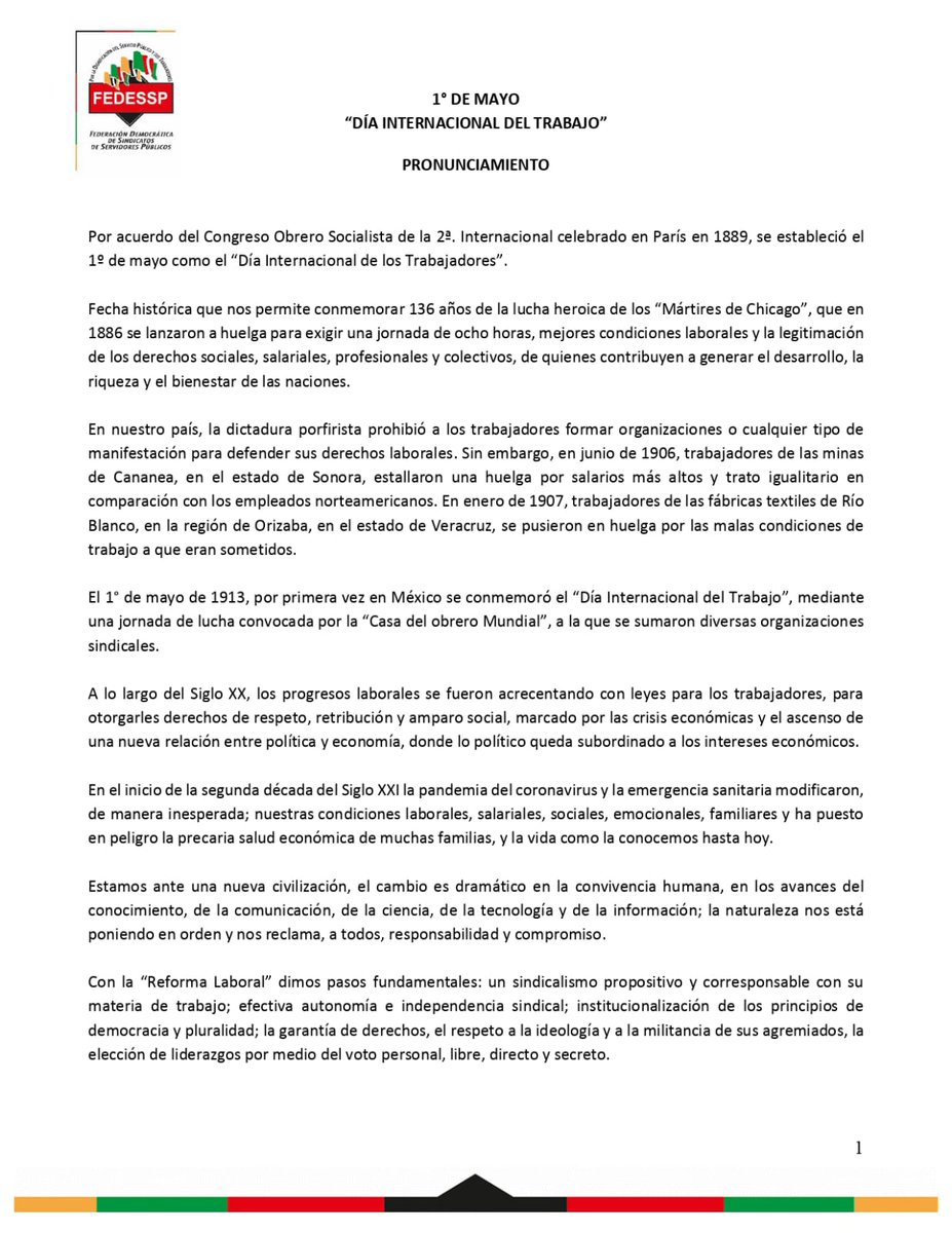 FedesspMor's tweet photo. #Enterate Posicionamiento de la Fedessp con motivo del DÍA INTERNACIONAL DEL TRABAJO
#ViveMorelos
#fuerzafedessp
#diainternacionaldeltrabajo https://t.co/vwxoM80PVk