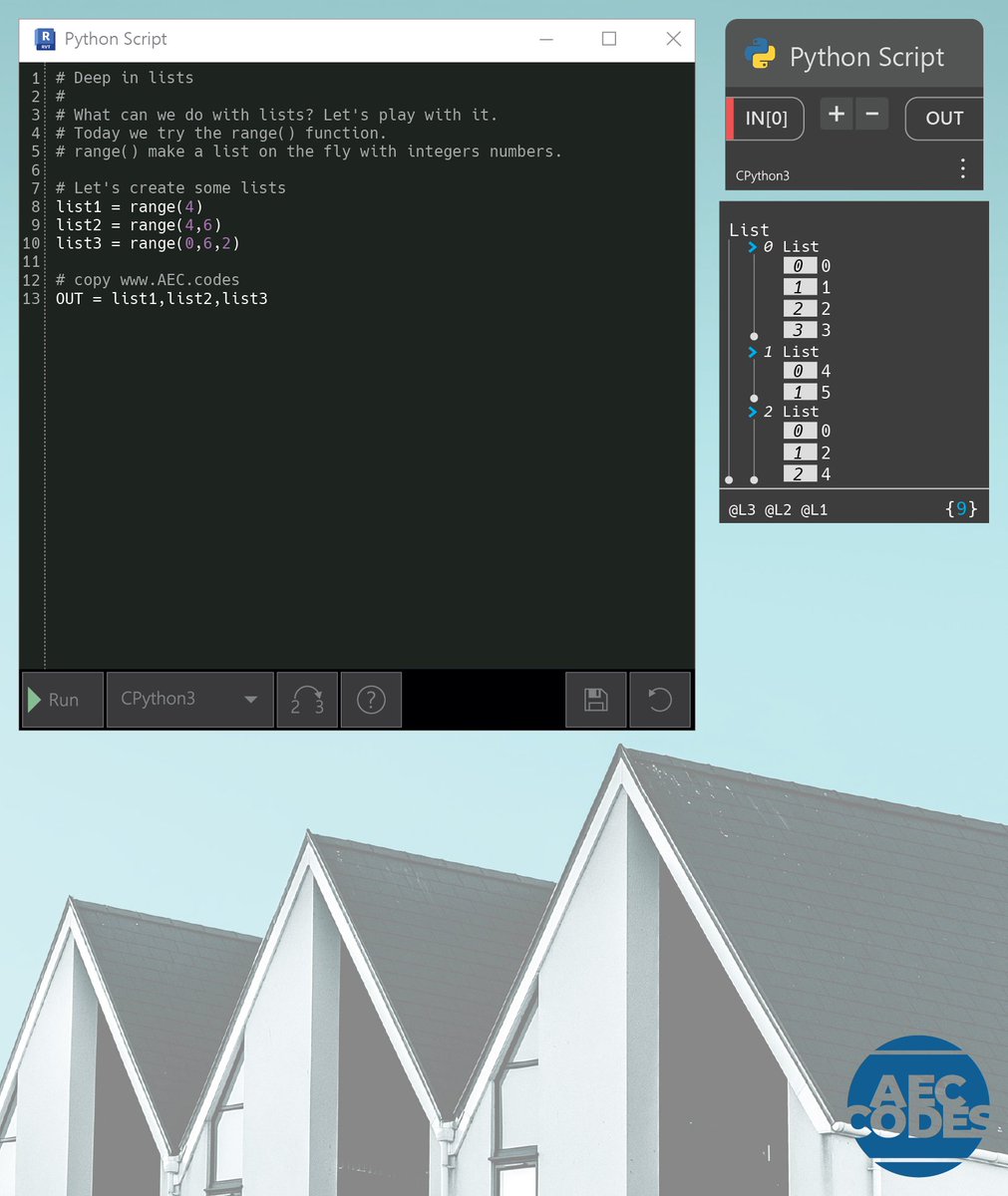 AecCodes's tweet photo. Today we look at range() function
.
The range type represents an immutable sequence of numbers and is commonly used for looping a specific number of times in for loops.
.
Let's try it on dynamo!
more info: https://t.co/M3zb2Up78Y

#revit #dynamobim #dynamo #python #architecture https://t.co/dTNBqDnpUS