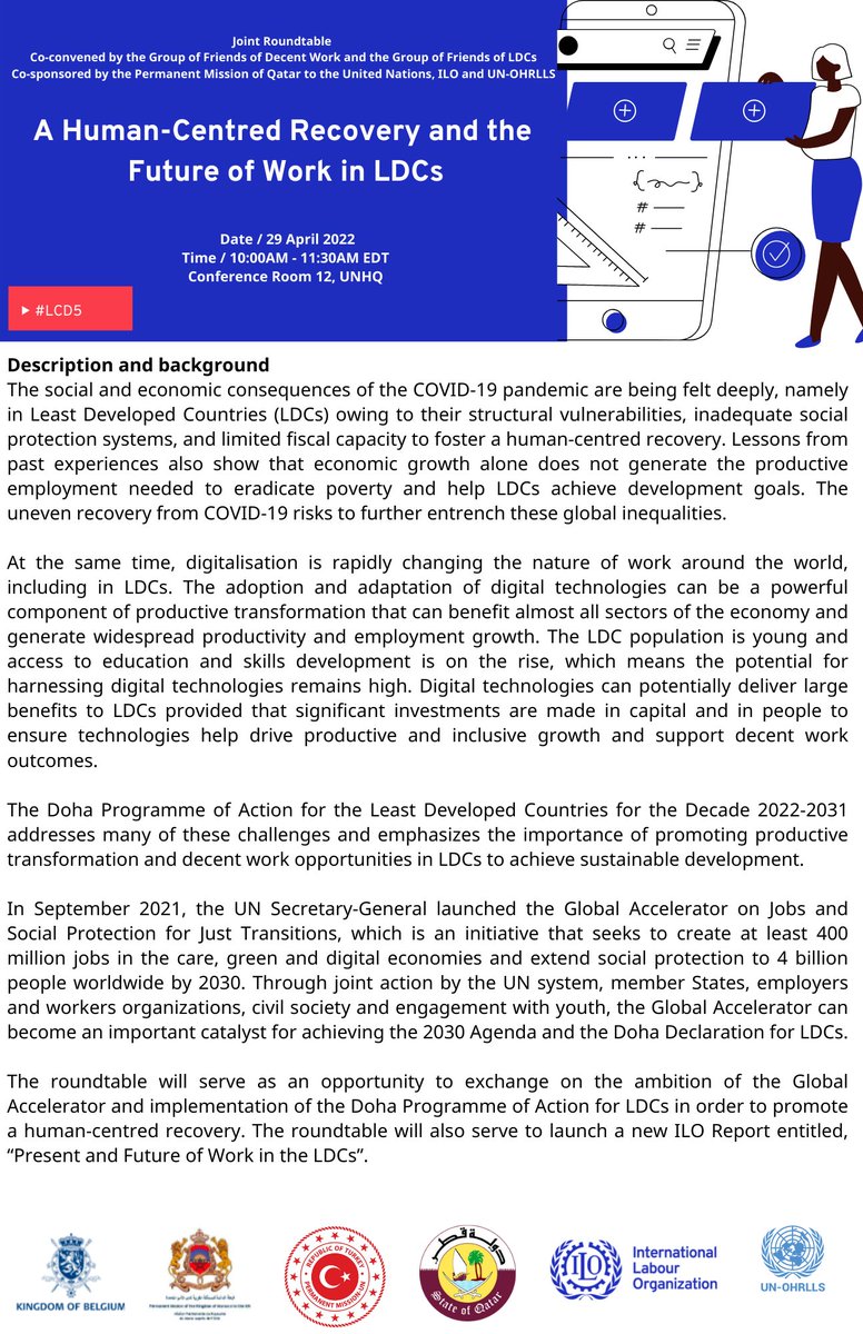 ICSB's tweet photo. Dr. Paul Swiercz (Past Board Member) &amp; Juliet Walizai (Youth Rep) will represent ICSB at the @UN Event: A Human-Centered Recovery &amp; the Future of work in the LDCs.
The discussion will focus on policy approaches to facilitate a human-centred approach to the future of work in LDCs. https://t.co/BFSNDQl6Dr