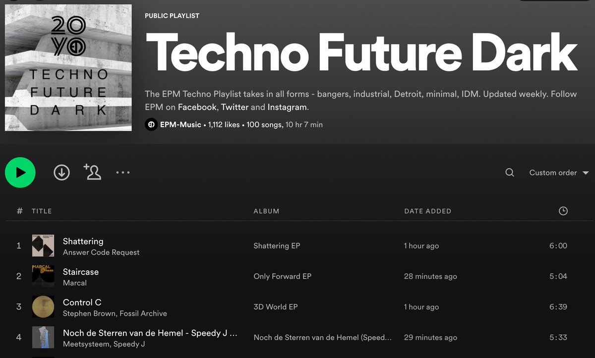 It's that time again folks. Get your #Techno trousers👖 on as our #Playlist gets a boost from Answer Code Request, Stephen Brown &amp; Fossil Archive, Marcal, Meetsystem &amp; Speedy J, Mike Humphries, Fred Asquith, Chris Liebing, Lawrence Lee and more 💪♥️▶️   tinyurl.com/EPM-Techno