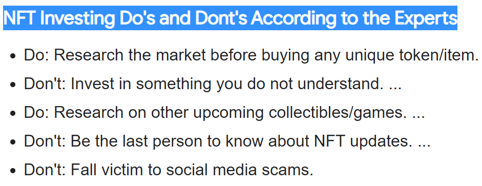 #NFT #Investing Do's and Dont's According to the #Experts.

The more you learn the better you will DO LONG TERM.