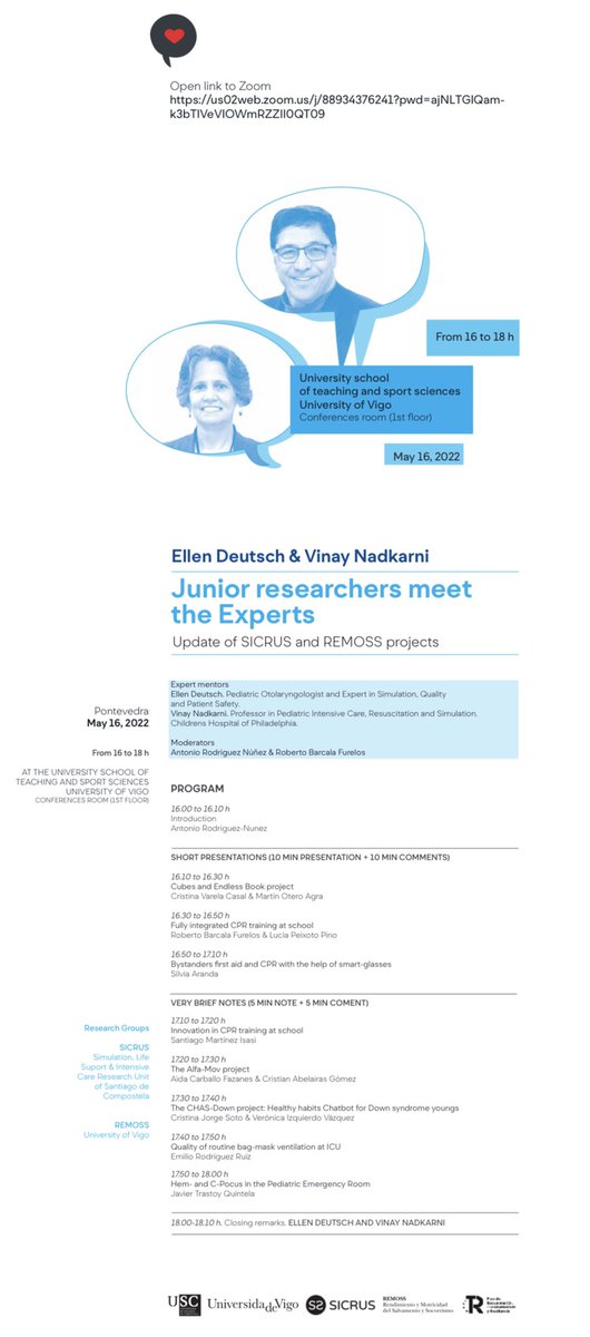 SICRUS_research's tweet image. “Junior Researchers Meet the Experts - Update of @SICRUS_research (@idis_research) &amp;amp; #REMOSS projects” will take place on May 16th at University School of Teaching and Sport Sciences @uvigo (Pontevedra) with @VinayMNadkarni &amp;amp; Ellen Deutsch @UscEnfermeria @UniversidadeUSC