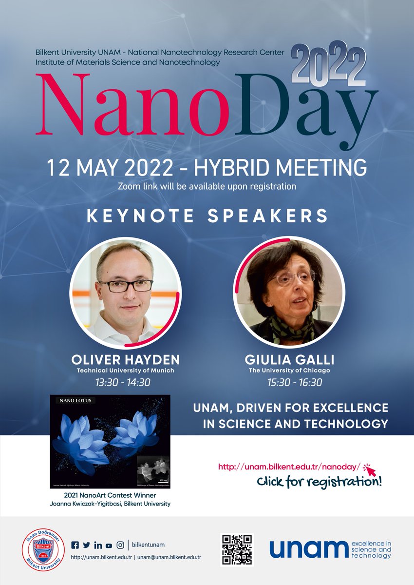 #UNAM #NanoDay will take place on Thursday, May 12th.  Prof. Oliver Hayden from Technical University of Munich and Prof. Giulia Galla from The University of Chicago are joining as keynote speakers. Registration: unam.bilkent.edu.tr/nanoday 
#nanotechnology #academictwitter
