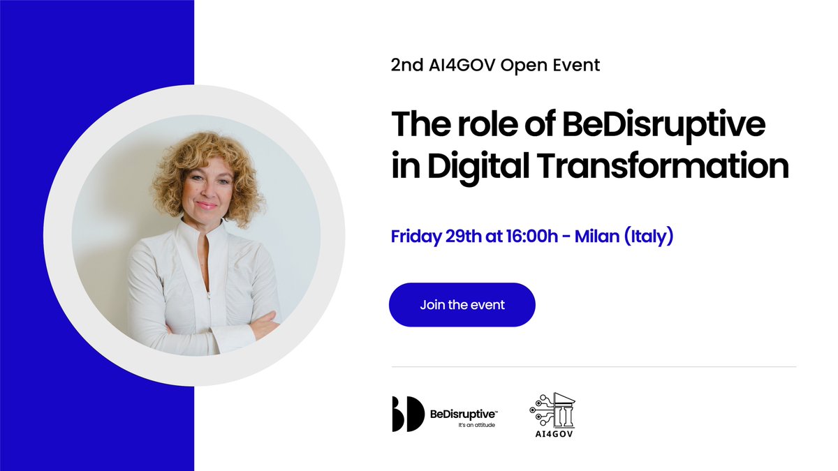 Bedisruptiveit's tweet photo. Our General Manager of Italy participates this afternoon in Milan; at the AI4GOV event, to talk about the role of BeDisruptive in the digital transformation of public services. Click on the link to watch the videoconference: https://t.co/kVUBK2ECbI
#wearedisruptive
#itsanattitude https://t.co/ocM51tvr4m